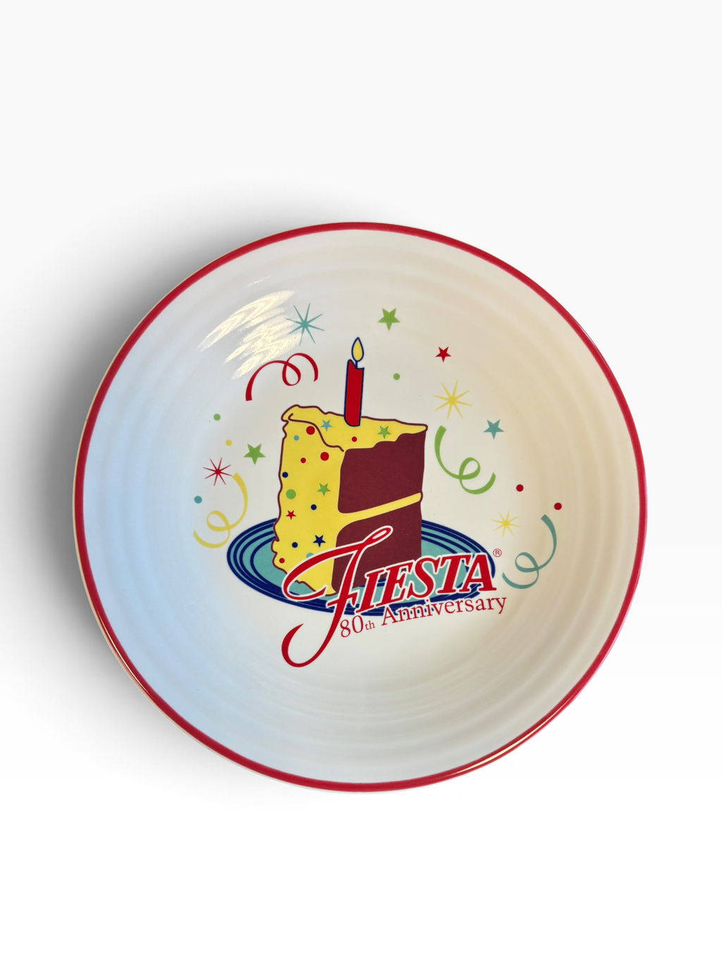 Fiesta 80th Anniversary Birthday Cake Luncheon Plate 9" on White with Red Rim
