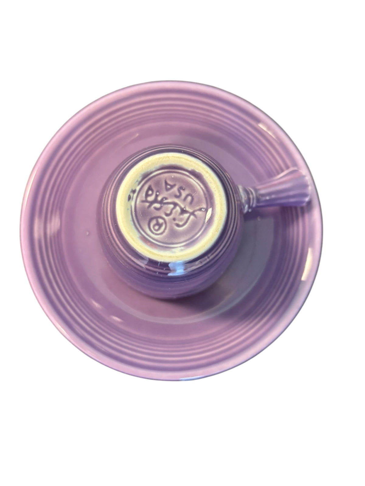 This is a Fiesta Fiestaware After Dinner AD Stick Handled Demitasse Demi Cup and Saucer Set in Lilac. lead-free, Post 1986, Retired Color Retired Shape Perfect for Espresso
