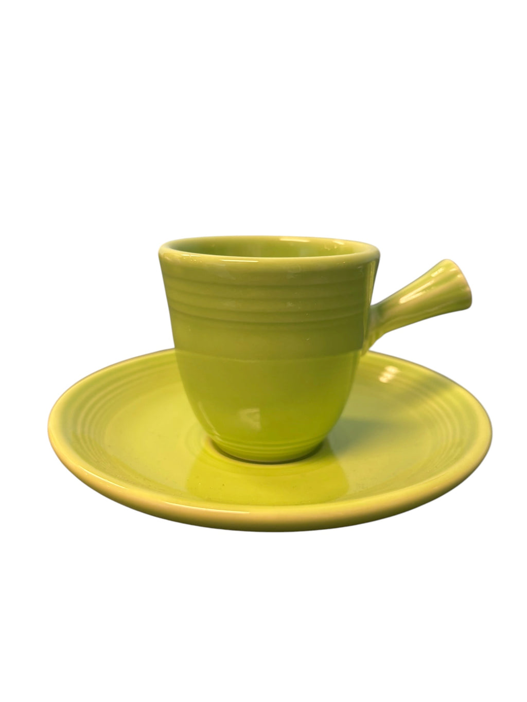 This is a Fiesta Fiestaware After Dinner AD Stick Handled Demitasse Demi Cup and Saucer Set in Chartreuse. lead-free, Post 1986, Retired Color Retired Shape Perfect for Espresso
