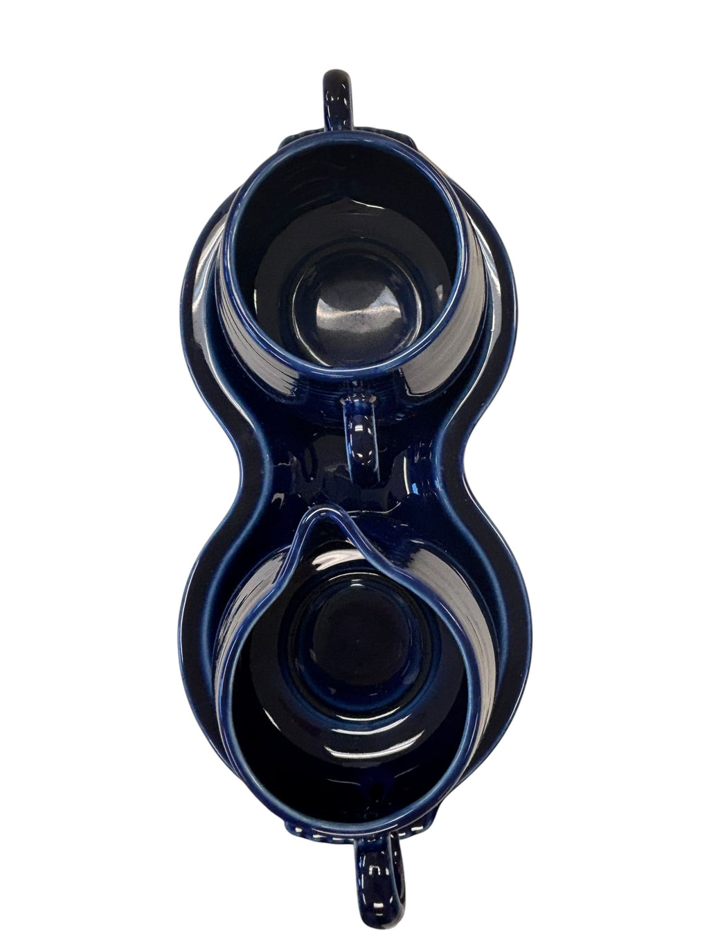 This is a Fiesta Fiestaware Creamer Pitcher Sugar Bowl with Lid on Figure Eight 8 Tray Set in cobalt lead-free, Post 1986, Retired Color Retired Shape
