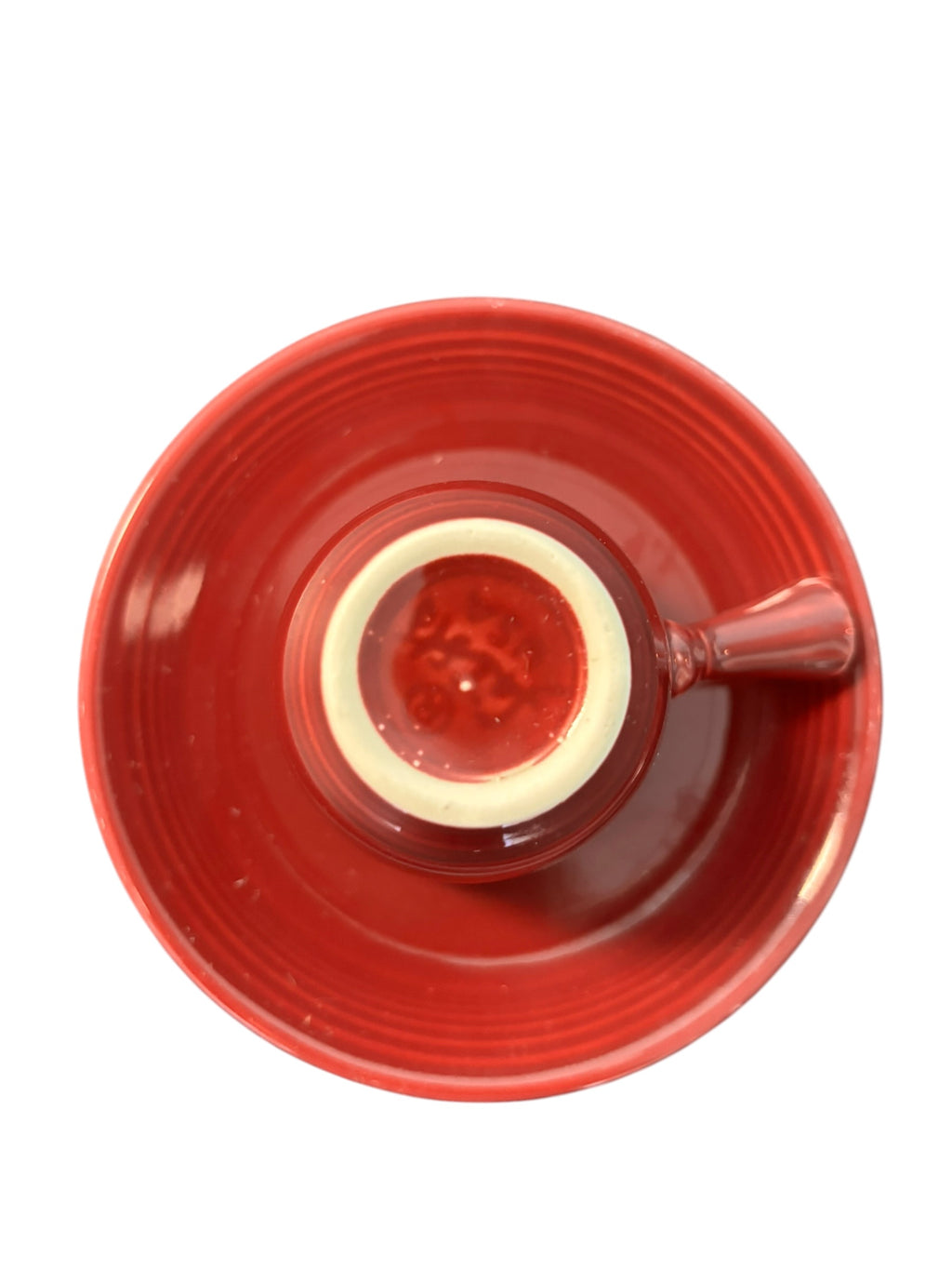 This is a Fiesta Fiestaware After Dinner AD Stick Handled Demitasse Demi Cup and Saucer Set in Cinnabar. lead-free, Post 1986, Retired Color Retired Shape Perfect for Espresso
