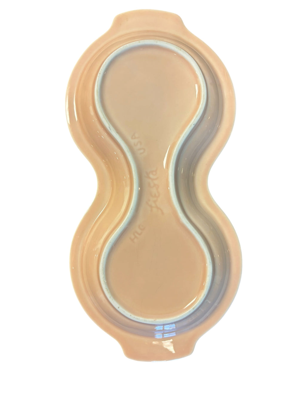 This is a Fiesta Fiestaware Creamer Pitcher Sugar Bowl with Lid on Figure Eight 8 Tray Set in apricot lead-free, Post 1986, Retired Color Retired Shape
