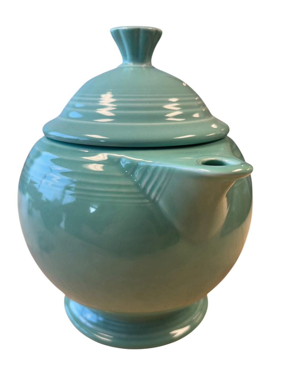 This is a Fiesta Fiestaware Five-cup 5-cup Ring Handled Tea Pot with Lid in Sea Mist Green. lead-free, Post 1986, Retired Color Retired Shape
