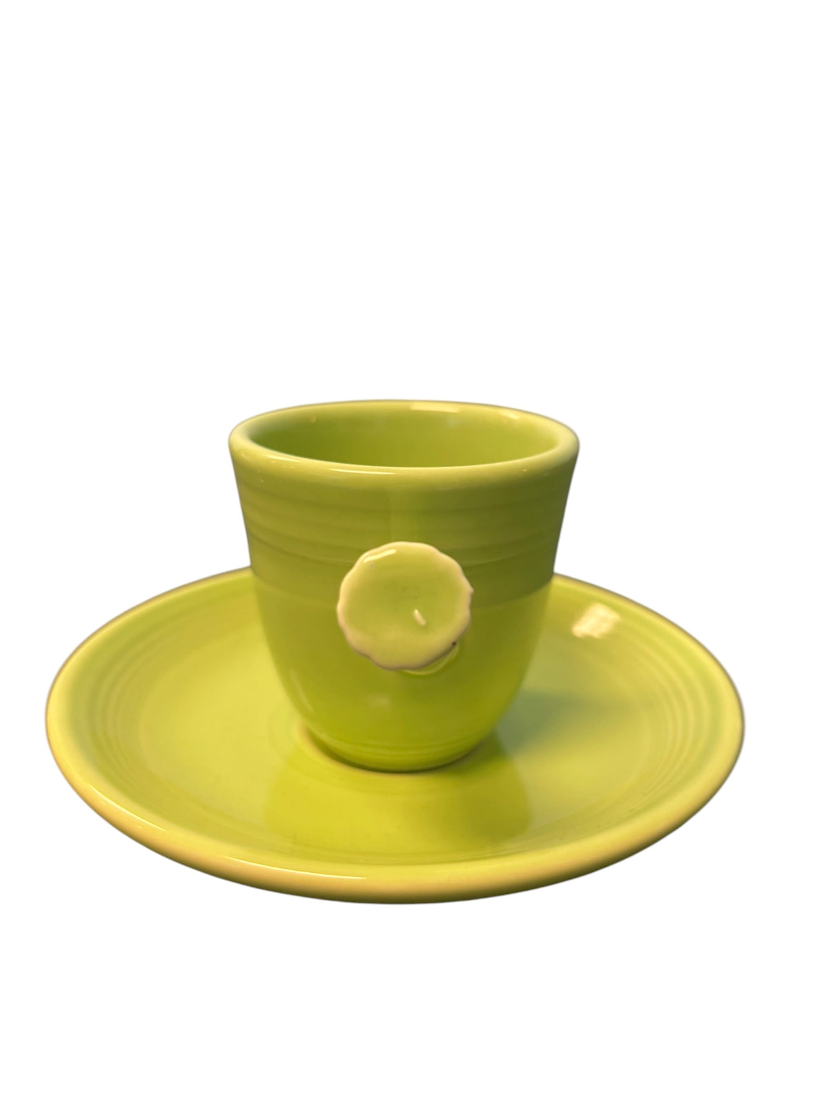 This is a Fiesta Fiestaware After Dinner AD Stick Handled Demitasse Demi Cup and Saucer Set in Chartreuse. lead-free, Post 1986, Retired Color Retired Shape Perfect for Espresso
