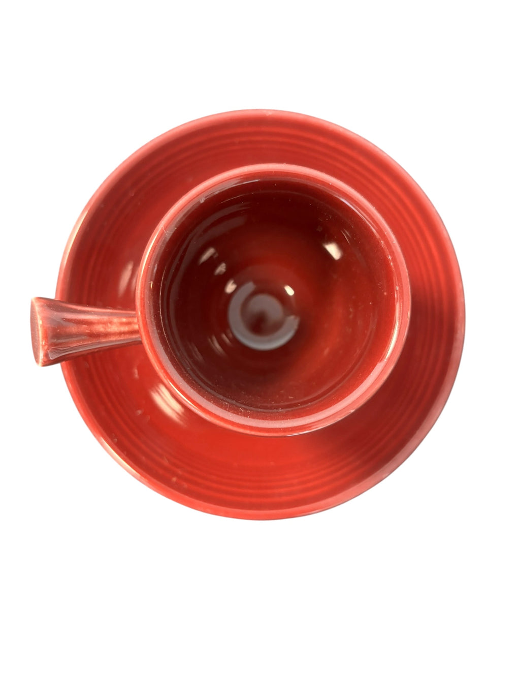 This is a Fiesta Fiestaware After Dinner AD Stick Handled Demitasse Demi Cup and Saucer Set in Cinnabar. lead-free, Post 1986, Retired Color Retired Shape Perfect for Espresso
