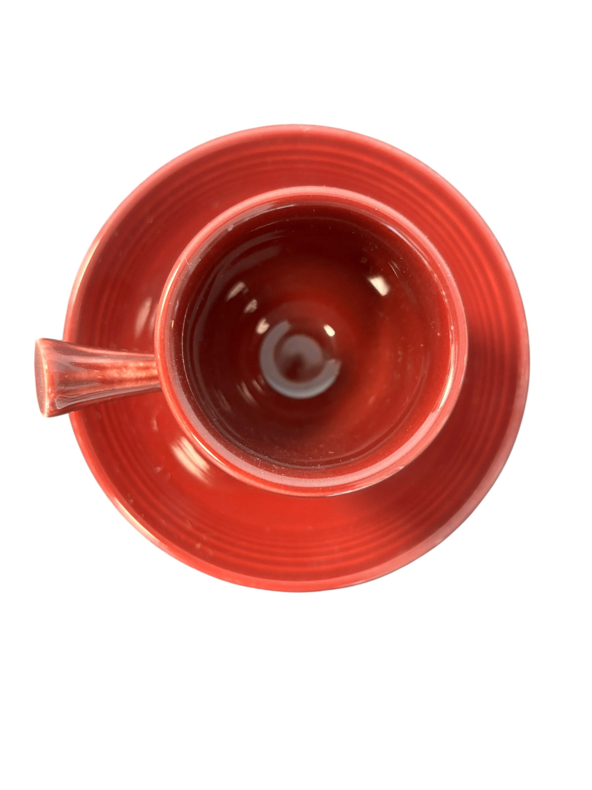 This is a Fiesta Fiestaware After Dinner AD Stick Handled Demitasse Demi Cup and Saucer Set in Cinnabar. lead-free, Post 1986, Retired Color Retired Shape Perfect for Espresso
