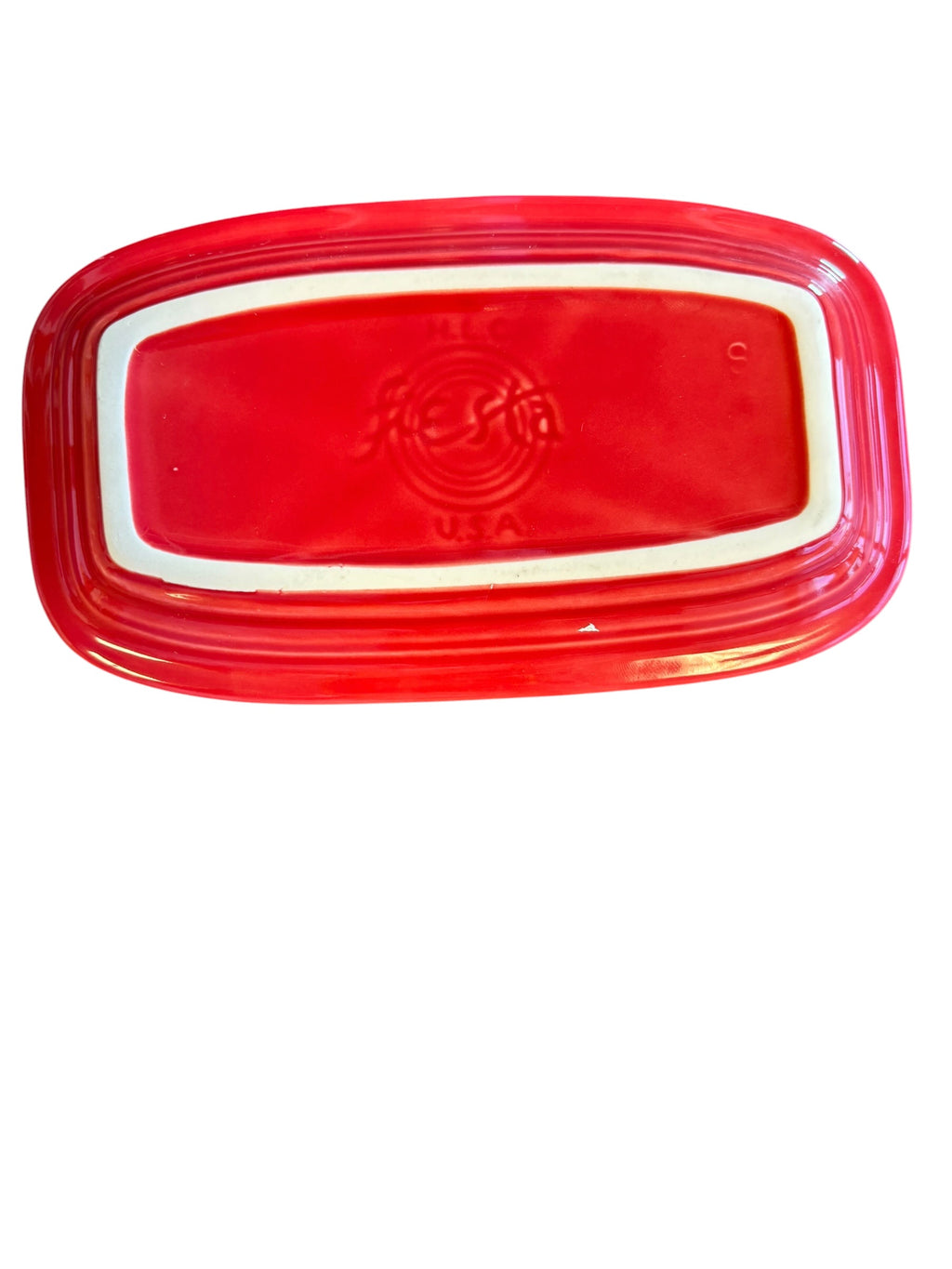 This is a Fiesta Fiestaware Classic Small butter dish in Scarlet. Post 1986 Lead Free Retired Shape Retired Color
