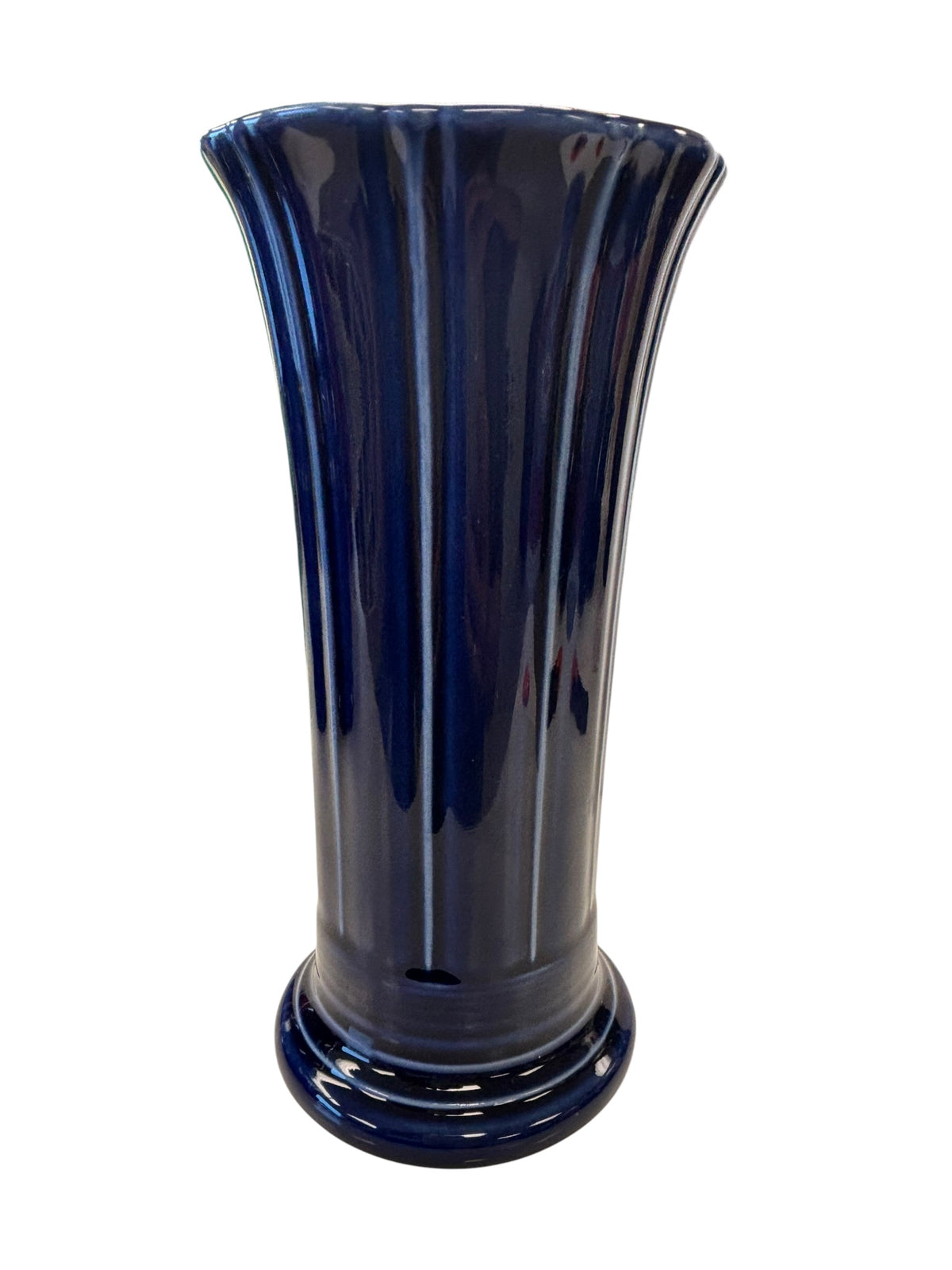 This is a Fiesta Fiestaware Small Flared Vase in Cobalt. 8" tall. lead-free, Post 1986, Retired Shape Retired Color
