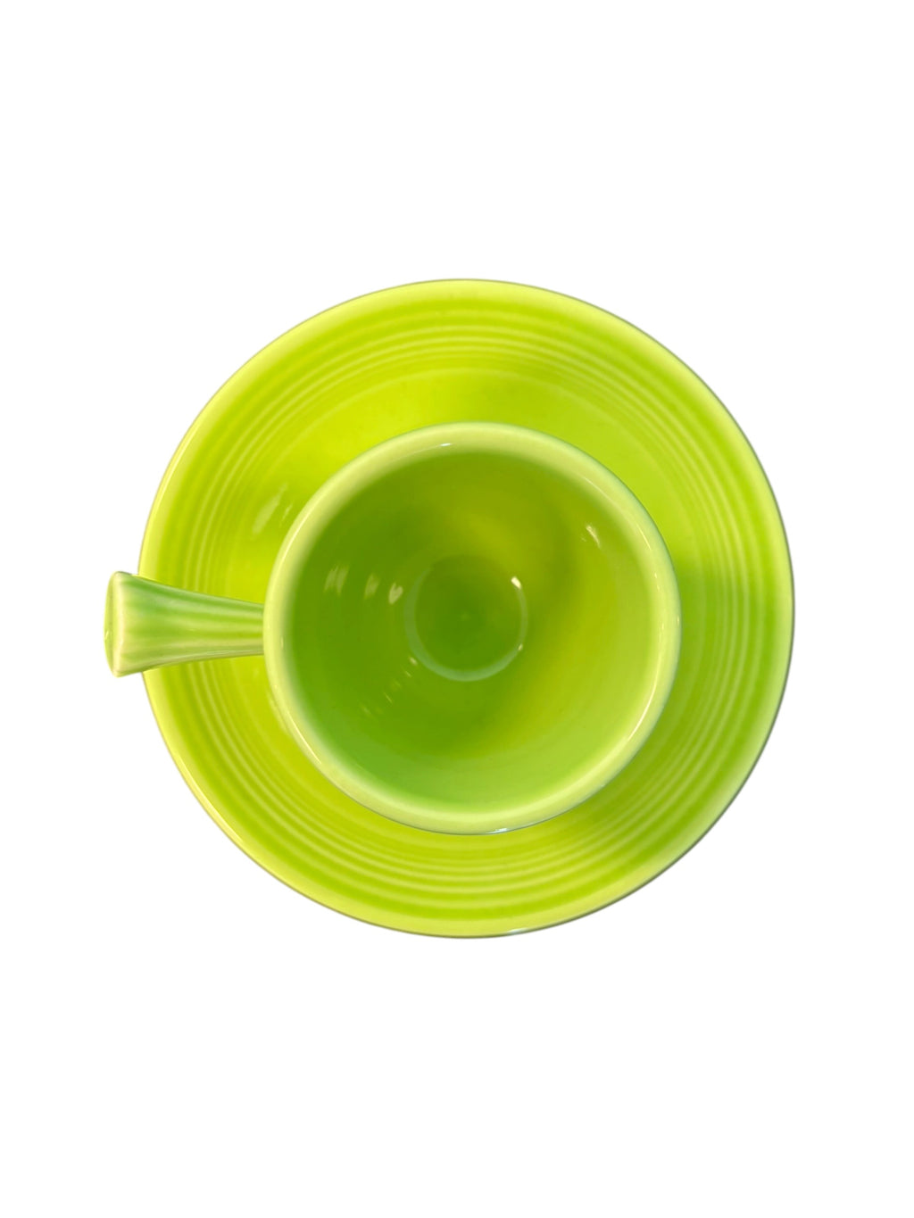 This is a Fiesta Fiestaware After Dinner AD Stick Handled Demitasse Demi Cup and Saucer Set in Chartreuse. lead-free, Post 1986, Retired Color Retired Shape Perfect for Espresso
