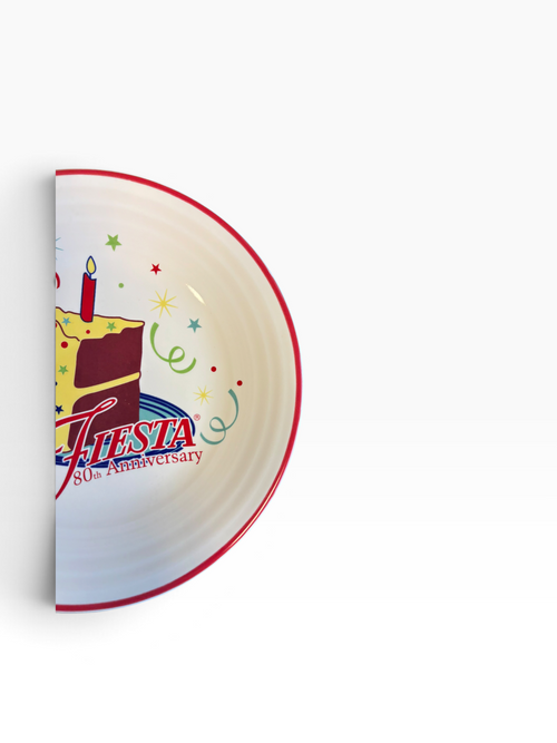 Fiesta 80th Anniversary Birthday Cake Luncheon Plate 9" on White with Red Rim