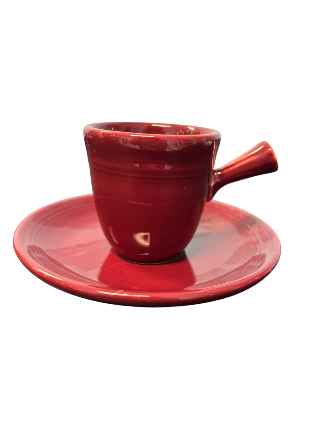 This is a Fiesta Fiestaware After Dinner AD Stick Handled Demitasse Demi Cup and Saucer Set in Cinnabar. lead-free, Post 1986, Retired Color Retired Shape Perfect for Espresso
