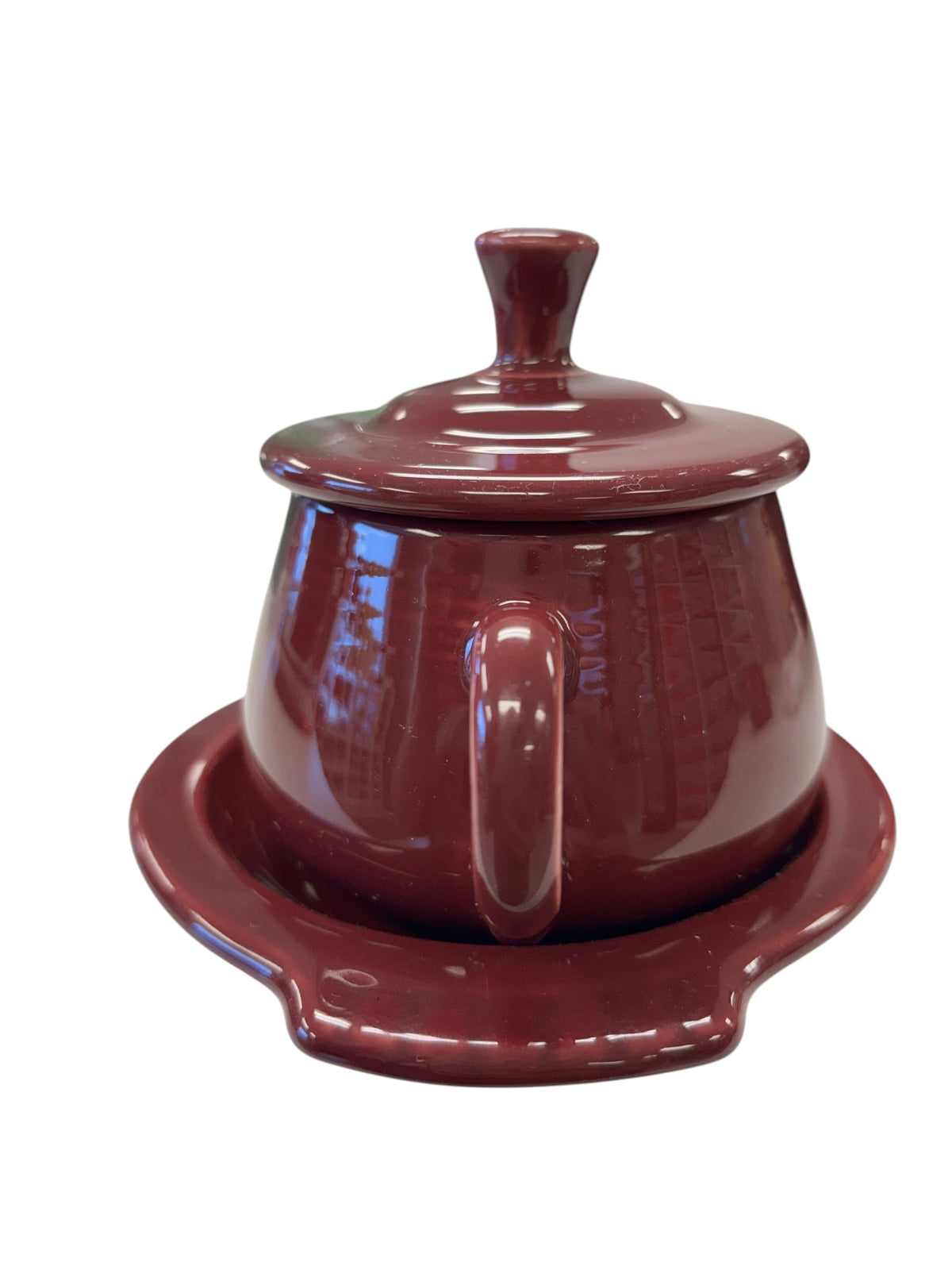 This is a Fiesta Fiestaware Creamer Pitcher Sugar Bowl with Lid on Figure Eight 8 Tray Set in cinnabar lead-free, Post 1986, Retired Color Retired Shape
