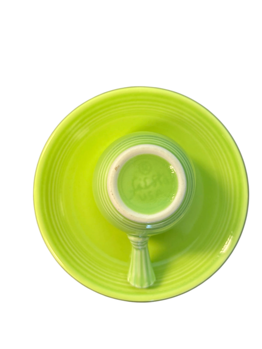 This is a Fiesta Fiestaware After Dinner AD Stick Handled Demitasse Demi Cup and Saucer Set in Chartreuse. lead-free, Post 1986, Retired Color Retired Shape Perfect for Espresso
