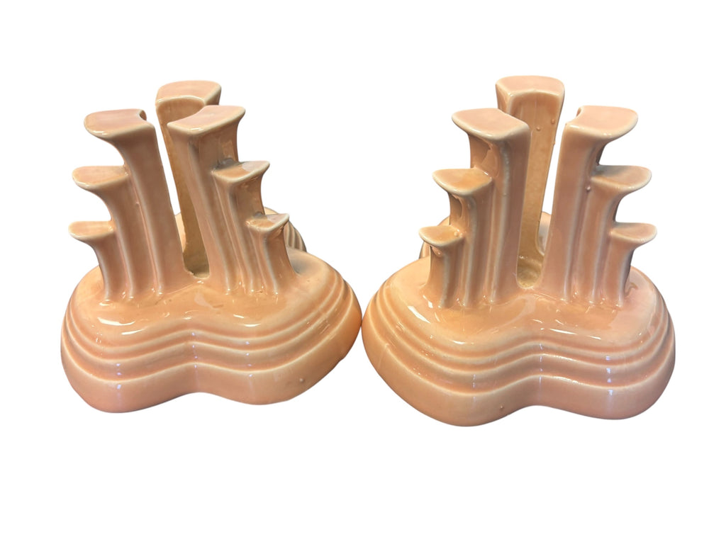 This is a Fiesta Fiestaware retired pyramid candle holder pair in Apricot. Lead-free Post 1986 Retired Color Retired Shape