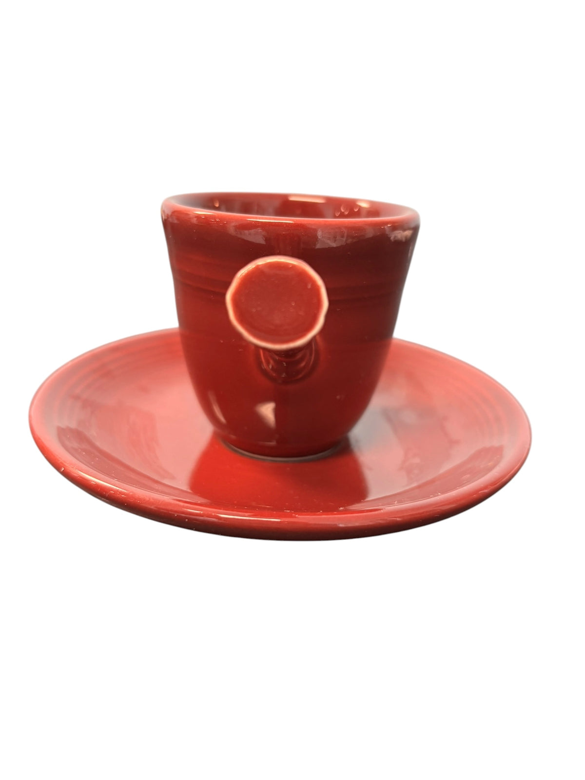 This is a Fiesta Fiestaware After Dinner AD Stick Handled Demitasse Demi Cup and Saucer Set in Cinnabar. lead-free, Post 1986, Retired Color Retired Shape Perfect for Espresso
