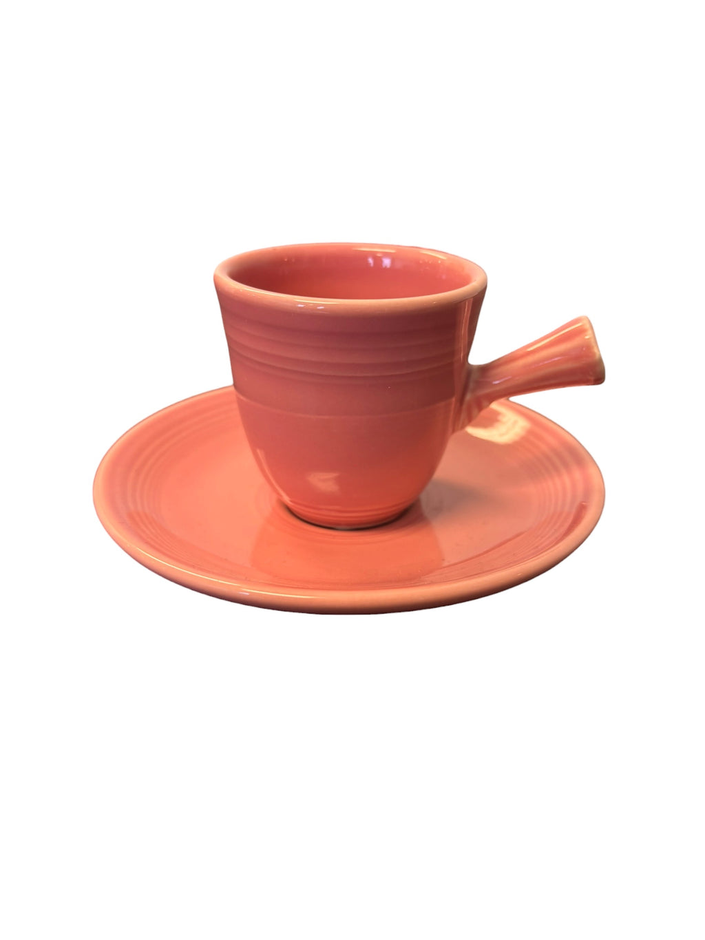 This is a Fiesta Fiestaware After Dinner AD Stick Handled Demitasse Demi Cup and Saucer Set in Rose. lead-free, Post 1986, Retired Color Retired Shape Perfect for Espresso
