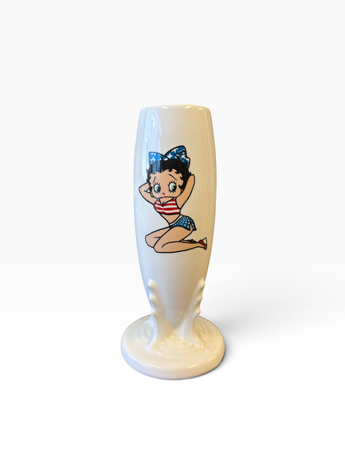 Fiesta Betty Boop Patriotic on White Bud Vase 6" VHTF. This iconic decal of Betty boop is considered very hard to find. The patriotic version is highly sought after. 