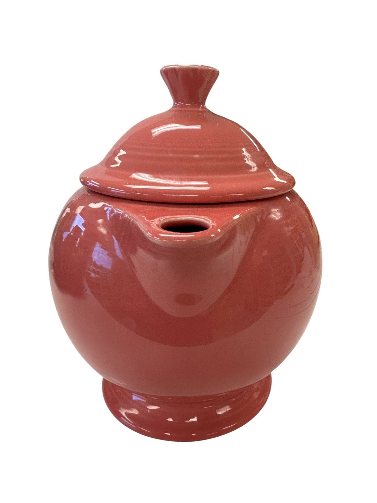 This is a Fiesta Fiestaware Five-cup 5-cup Ring Handled Tea Pot with Lid in Flamingo. lead-free, Post 1986, Retired Color Retired Shape
