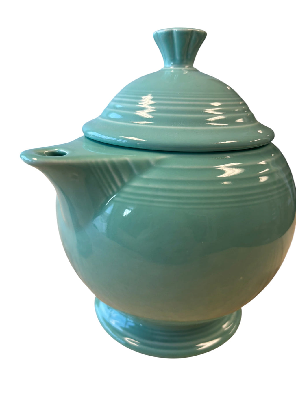 This is a Fiesta Fiestaware Five-cup 5-cup Ring Handled Tea Pot with Lid in Sea Mist Green. lead-free, Post 1986, Retired Color Retired Shape
