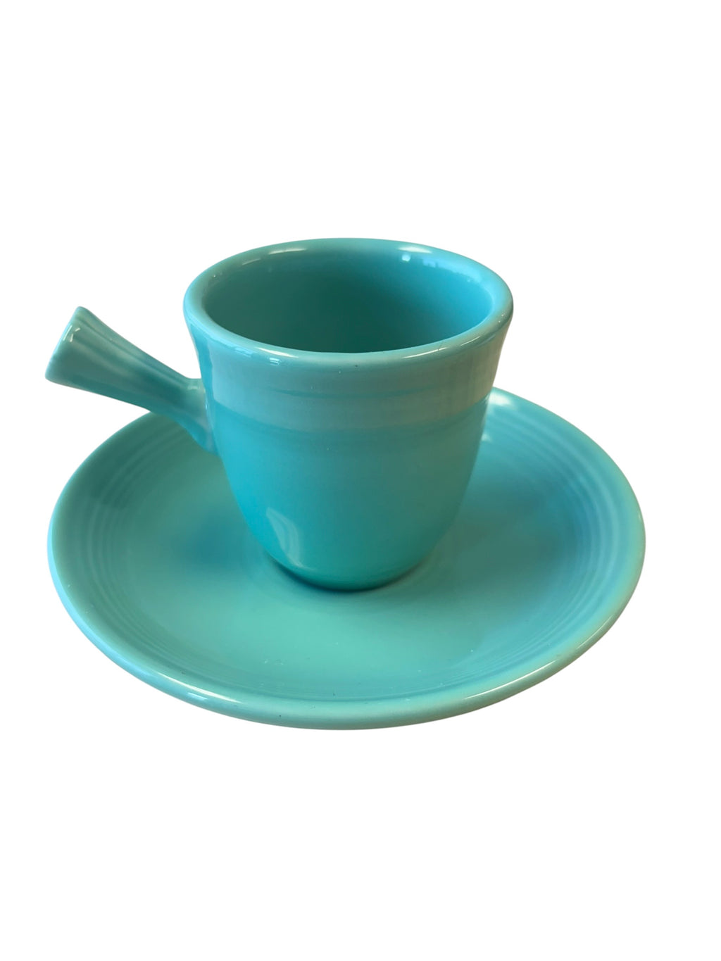 This is a Fiesta Fiestaware After Dinner AD Stick Handled Demitasse Demi Cup and Saucer Set in Sea Mist green. lead-free, Post 1986, Retired Color Retired Shape Perfect for Espresso
