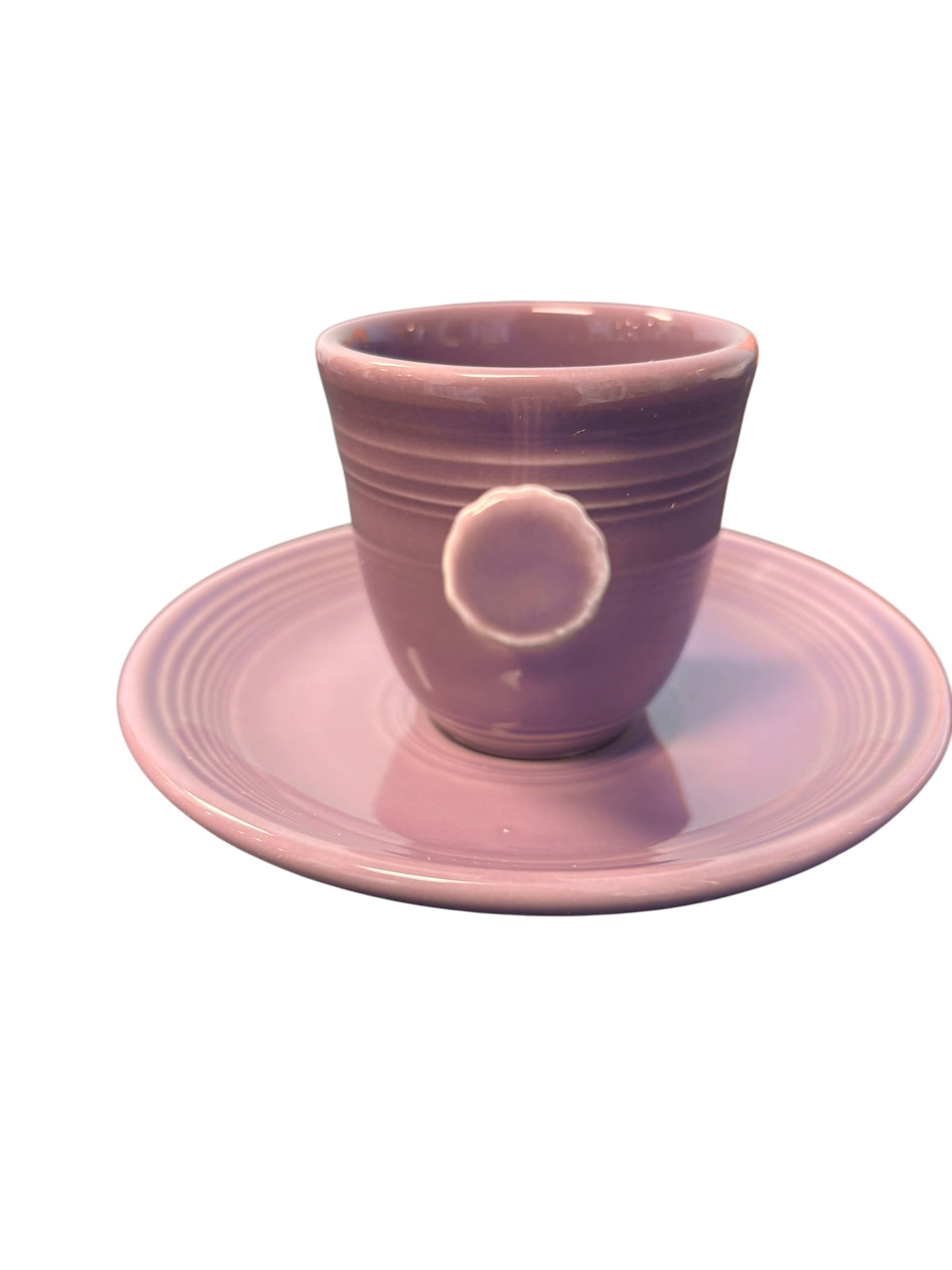 This is a Fiesta Fiestaware After Dinner AD Stick Handled Demitasse Demi Cup and Saucer Set in Lilac. lead-free, Post 1986, Retired Color Retired Shape Perfect for Espresso
