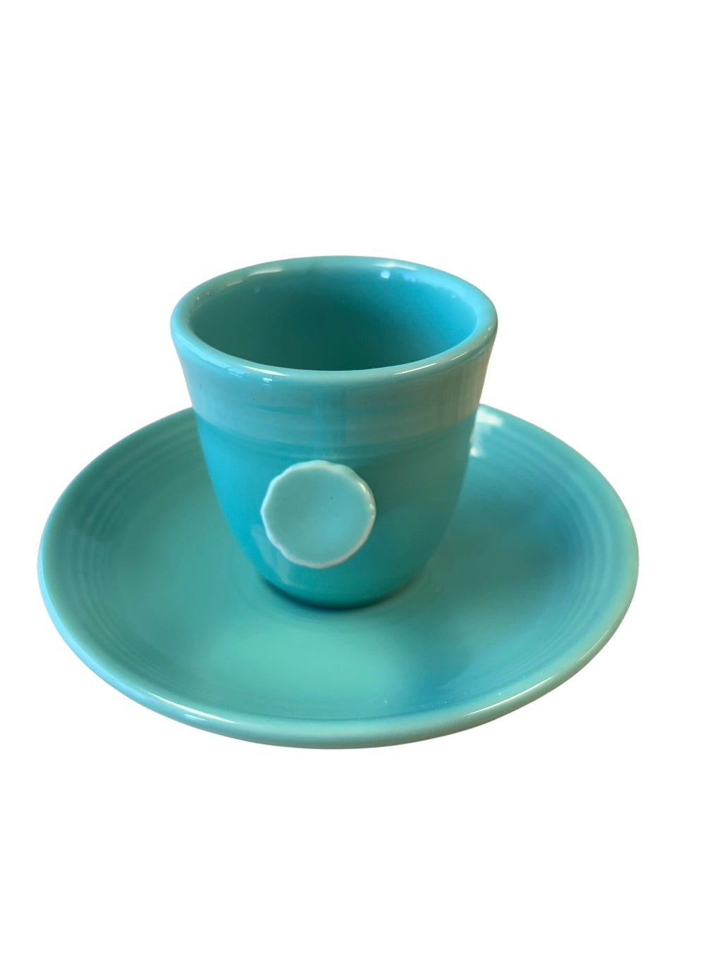 This is a Fiesta Fiestaware After Dinner AD Stick Handled Demitasse Demi Cup and Saucer Set in Sea Mist green. lead-free, Post 1986, Retired Color Retired Shape Perfect for Espresso
