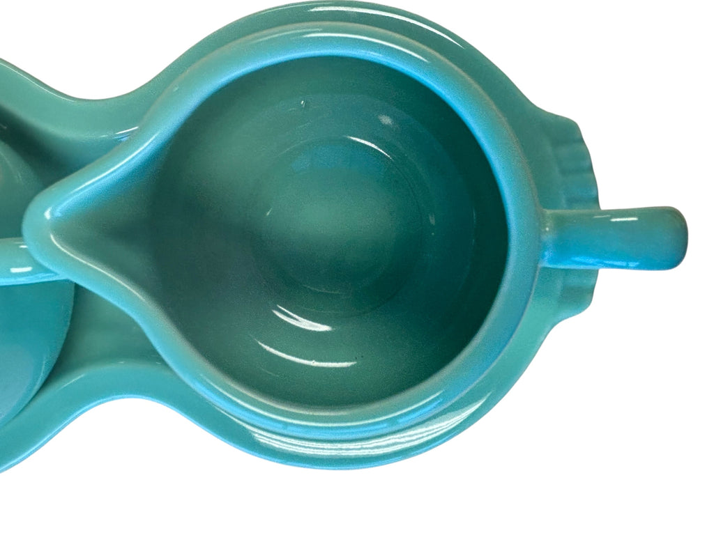 This is a Fiesta Fiestaware Creamer Pitcher Sugar Bowl with Lid on Figure Eight 8 Tray Set in Sea Mist Green. lead-free, Post 1986, Retired Color Retired Shape
