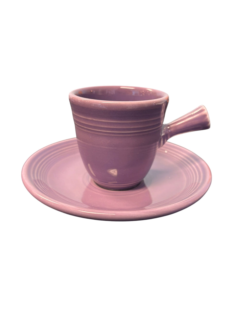 This is a Fiesta Fiestaware After Dinner AD Stick Handled Demitasse Demi Cup and Saucer Set in Lilac. lead-free, Post 1986, Retired Color Retired Shape Perfect for Espresso
