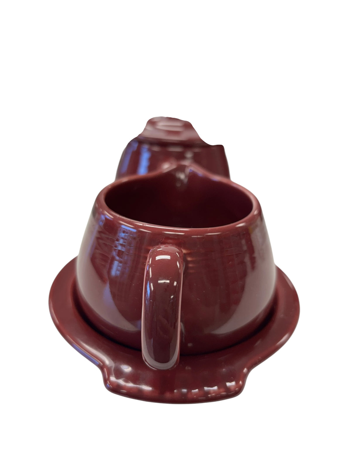 This is a Fiesta Fiestaware Creamer Pitcher Sugar Bowl with Lid on Figure Eight 8 Tray Set in cinnabar lead-free, Post 1986, Retired Color Retired Shape
