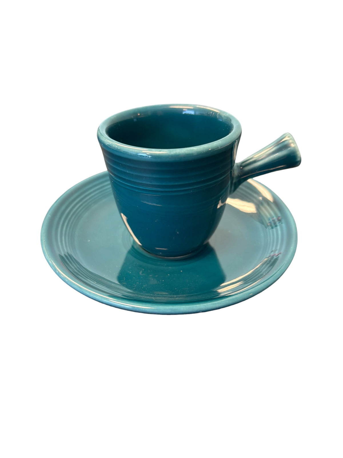 This is a Fiesta Fiestaware After Dinner AD Stick Handled Demitasse Demi Cup and Saucer Set in Juniper. lead-free, Post 1986, Retired Color Retired Shape Perfect for Espresso

