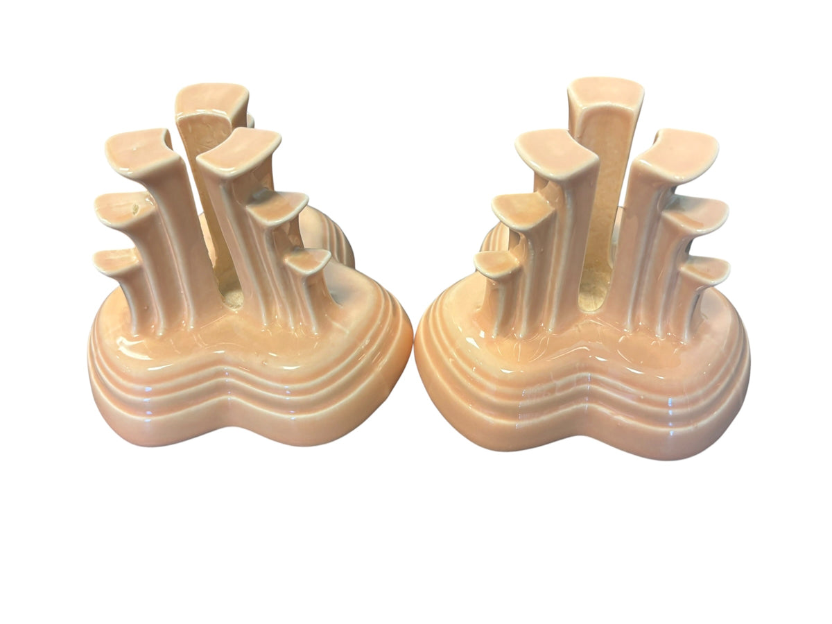 This is a Fiesta Fiestaware retired pyramid candle holder pair in Apricot. Lead-free Post 1986 Retired Color Retired Shape