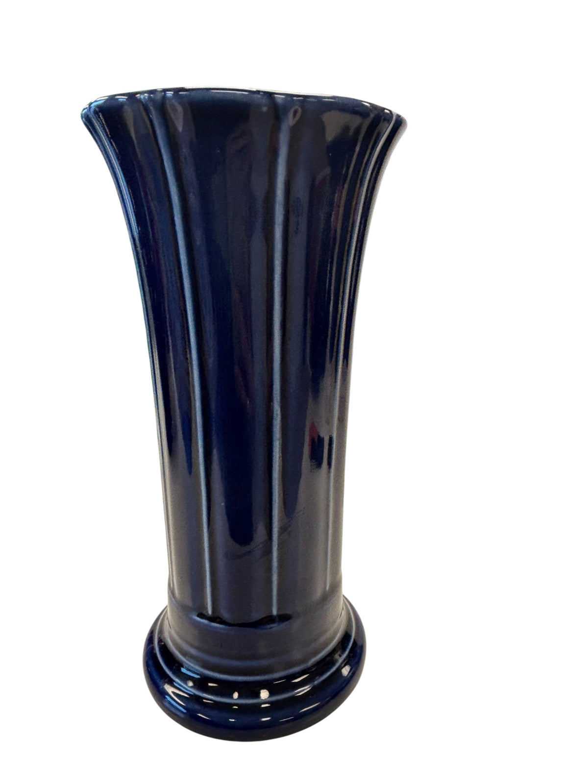 This is a Fiesta Fiestaware Small Flared Vase in Cobalt. 8" tall. lead-free, Post 1986, Retired Shape Retired Color
