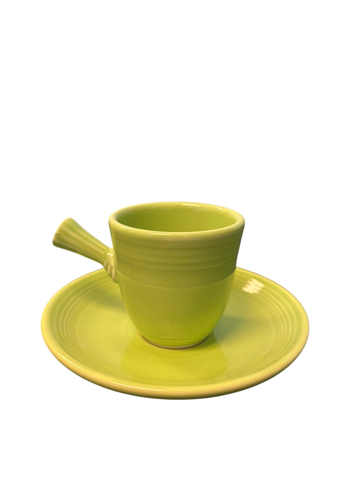 This is a Fiesta Fiestaware After Dinner AD Stick Handled Demitasse Demi Cup and Saucer Set in Chartreuse. lead-free, Post 1986, Retired Color Retired Shape Perfect for Espresso
