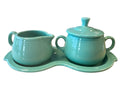 This is a Fiesta Fiestaware Creamer Pitcher Sugar Bowl with Lid on Figure Eight 8 Tray Set in Sea Mist Green. lead-free, Post 1986, Retired Color Retired Shape

