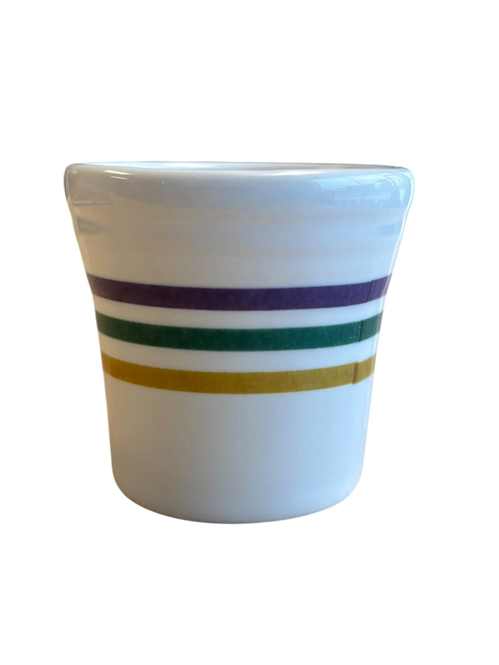 This is a Fiesta Fiestware Shot Glass on White featuring the 2025 member exclusive FTCCO Mardi Gras Stripes in Purple, Green and Gold. Post 1986 Lead Free
