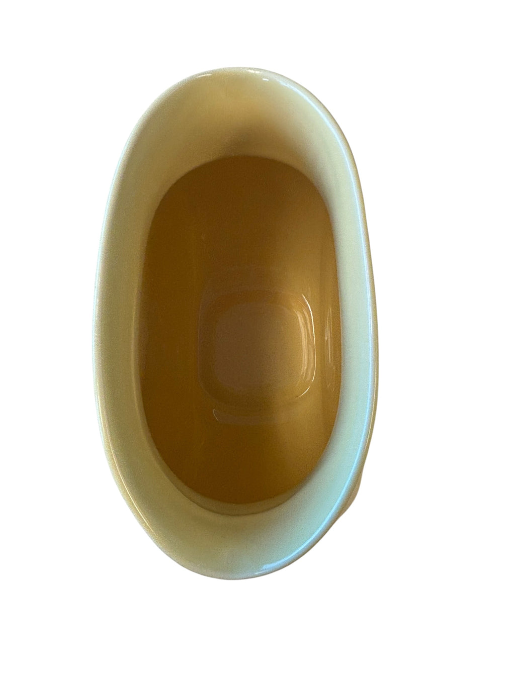 An oval ceramic bowl or cup with a glossy finish, shown from a top-down perspective on a solid white background. Fiesta Millennium II Vase Yellow