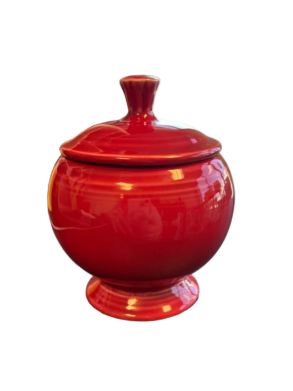 This is a Fiesta Fiestaware individual sugar bowl with lid in Scarlet. lead-free, Post 1986, Retired Shape
