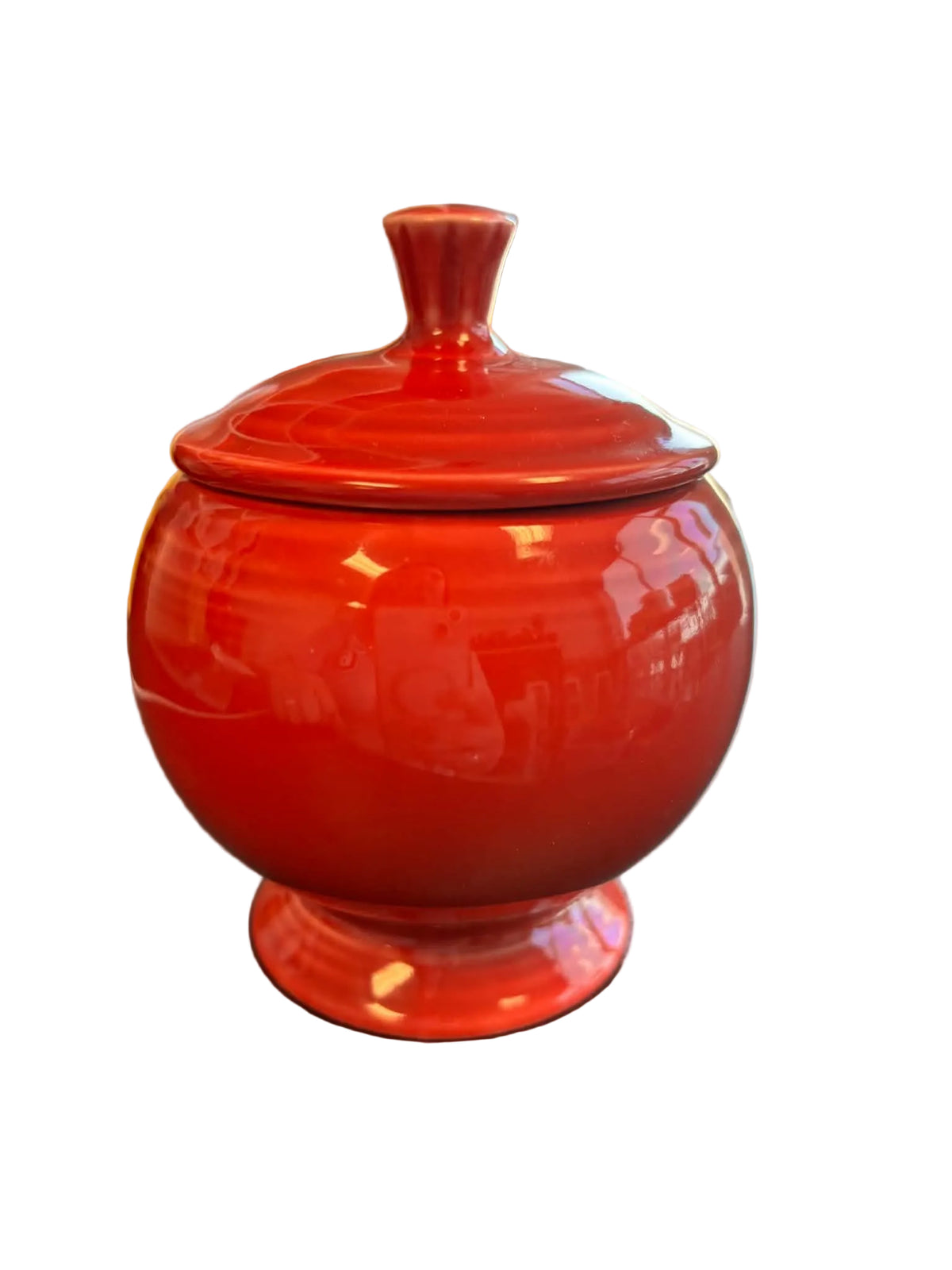 This is a Fiesta Fiestaware individual sugar bowl with lid in Scarlet. lead-free, Post 1986, Retired Shape
