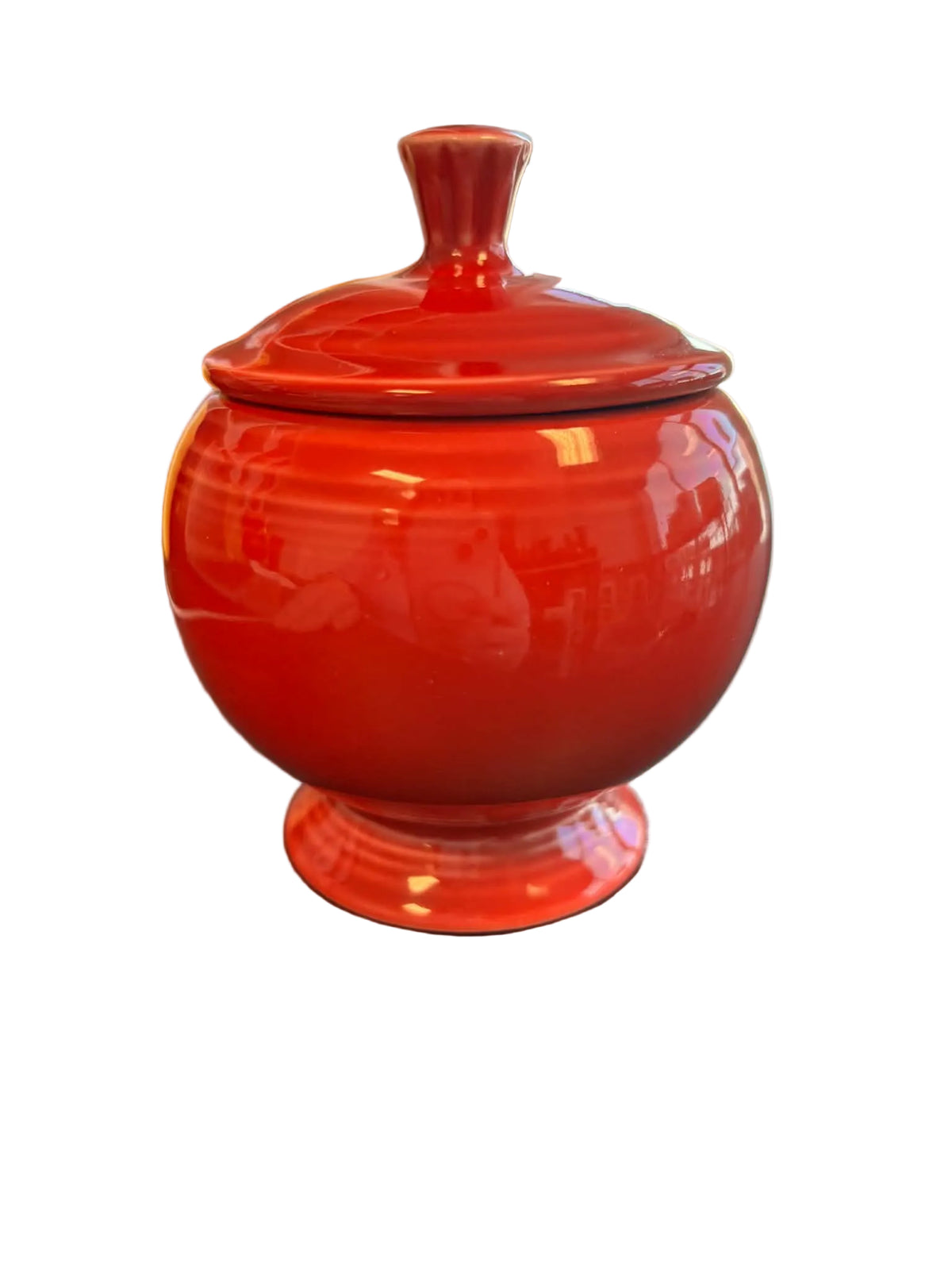 This is a Fiesta Fiestaware individual sugar bowl with lid in Scarlet. lead-free, Post 1986, Retired Shape
