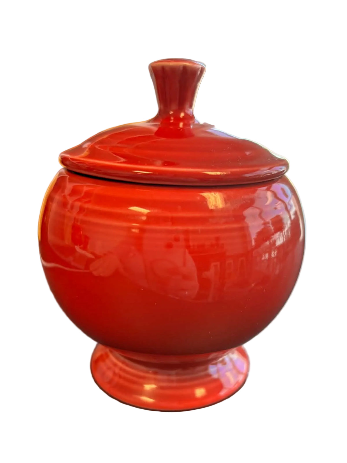 This is a Fiesta Fiestaware individual sugar bowl with lid in Scarlet. lead-free, Post 1986, Retired Shape
