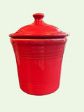 This is a Fiesta Fiestaware Jam Jar or Mini Canister with lid in peony. lead-free, Post 1986, Retired Shape
