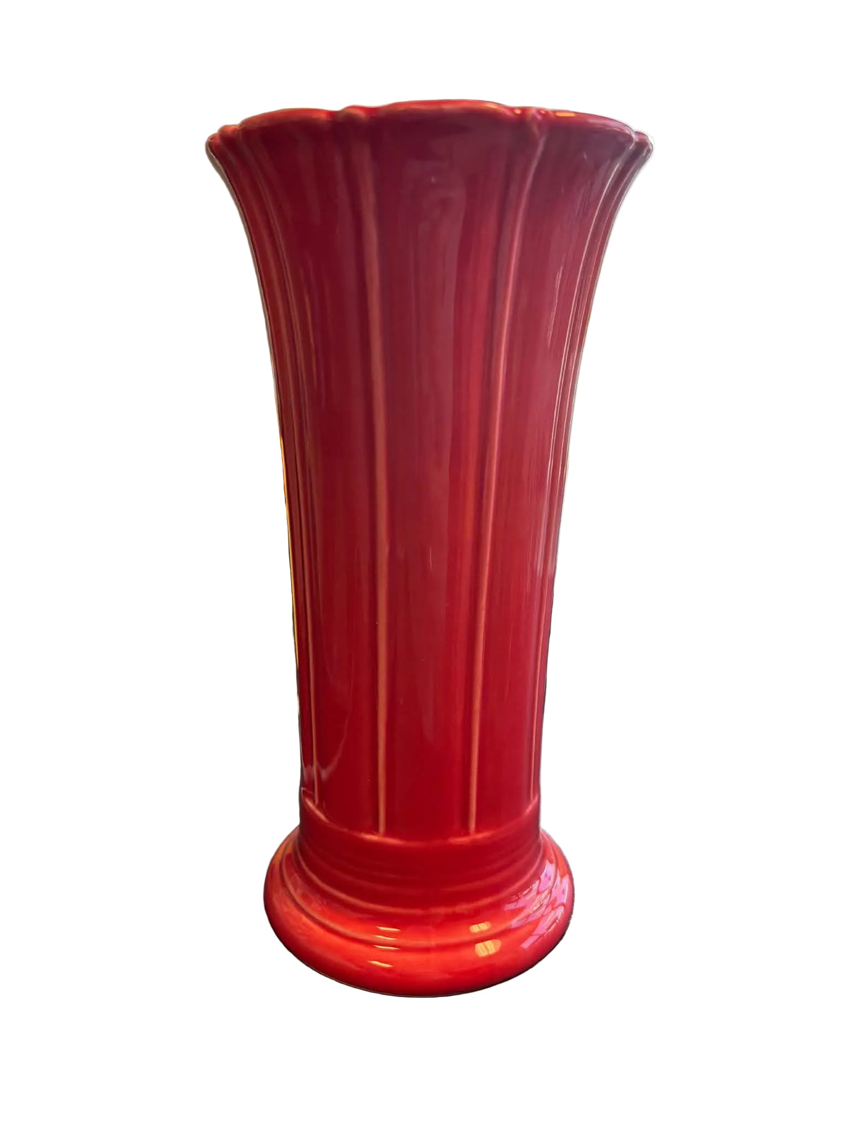 This is a Fiesta Fiestaware Small Flared Vase in Scarlet. 8" tall. lead-free, Post 1986, Retired Shape
