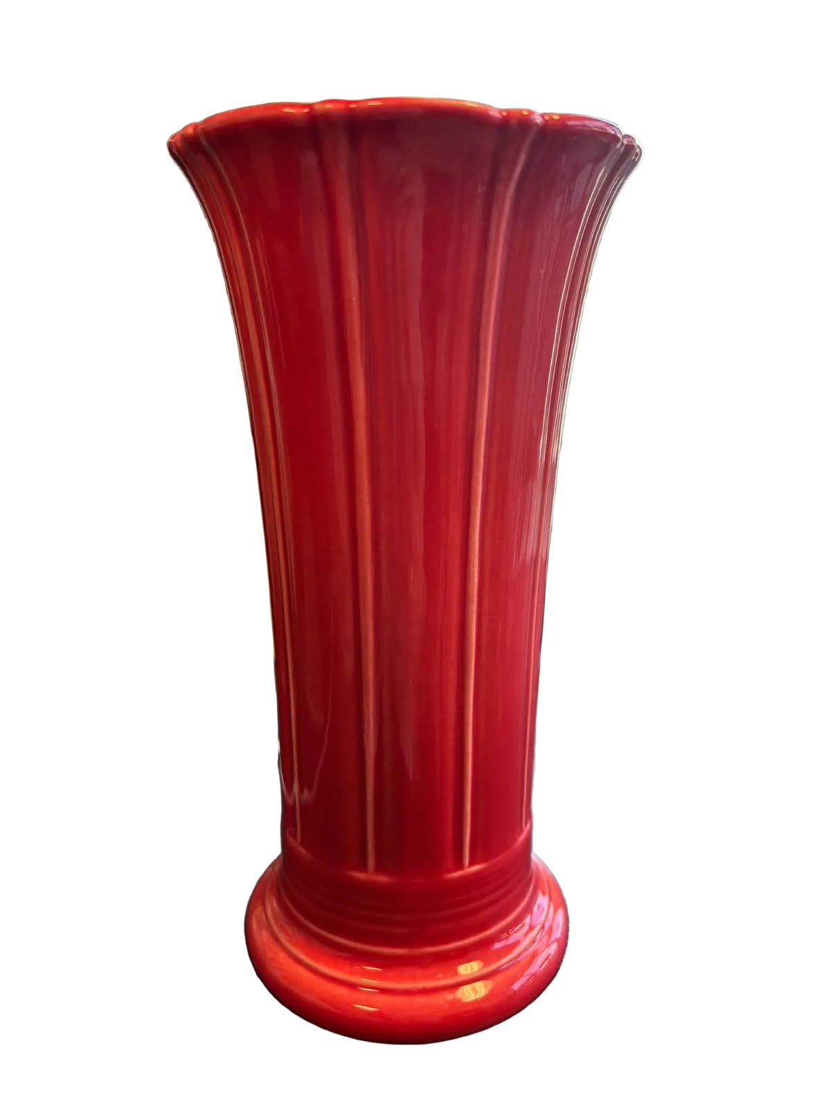 This is a Fiesta Fiestaware Small Flared Vase in Scarlet. 8" tall. lead-free, Post 1986, Retired Shape
