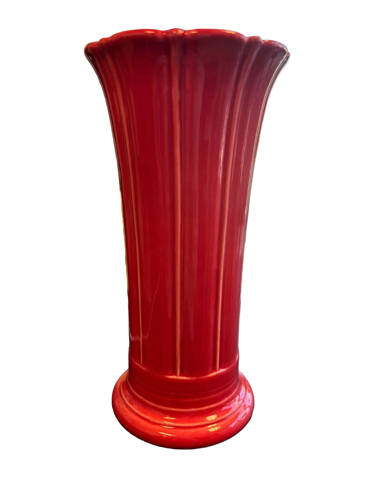 This is a Fiesta Fiestaware Small Flared Vase in Scarlet. 8" tall. lead-free, Post 1986, Retired Shape
