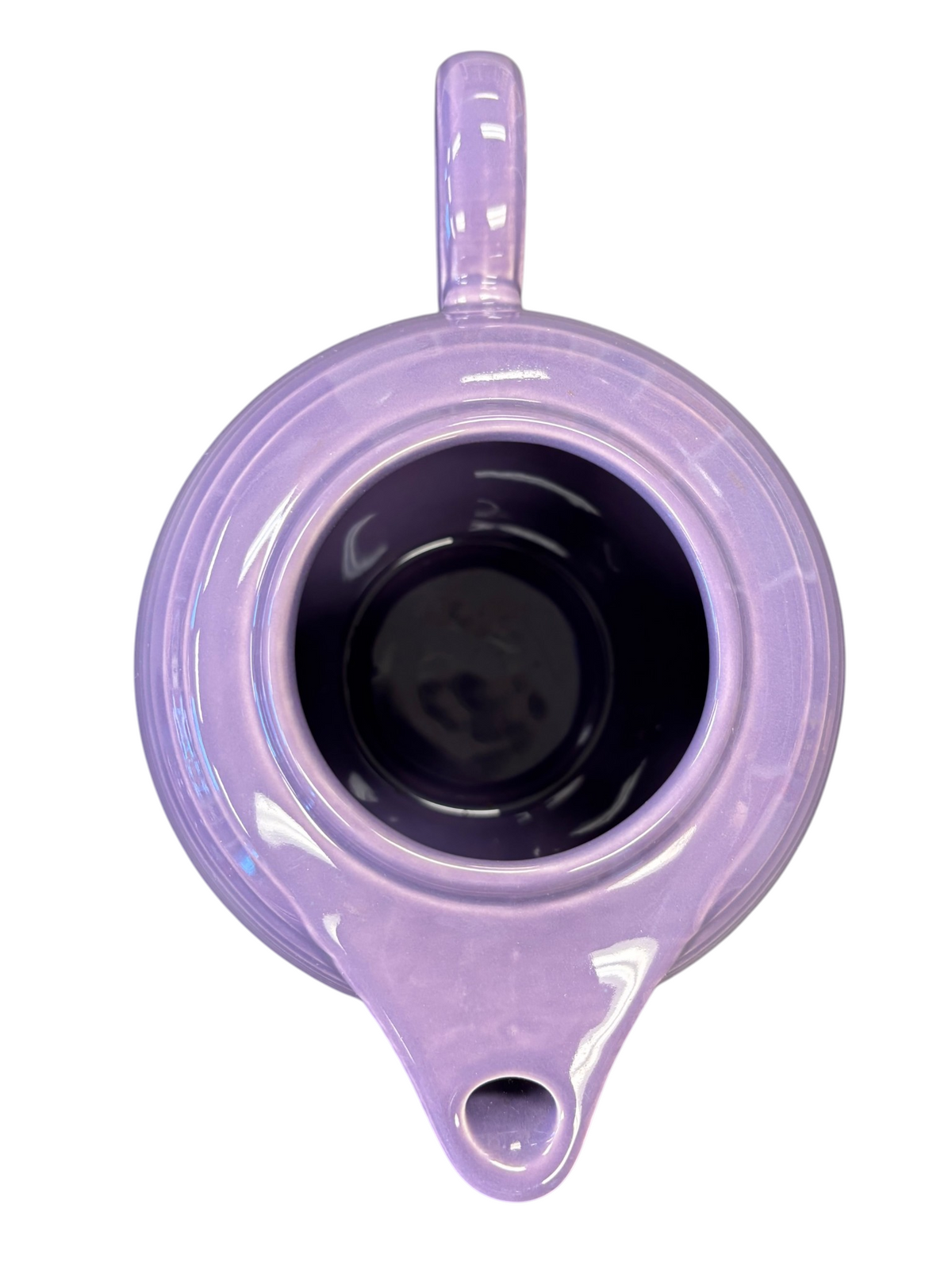 This is a Fiesta Fiestaware Five-cup 5-cup Ring Handled Tea Pot with Lid in Lilac. lead-free, Post 1986, Retired Color Retired Shape
