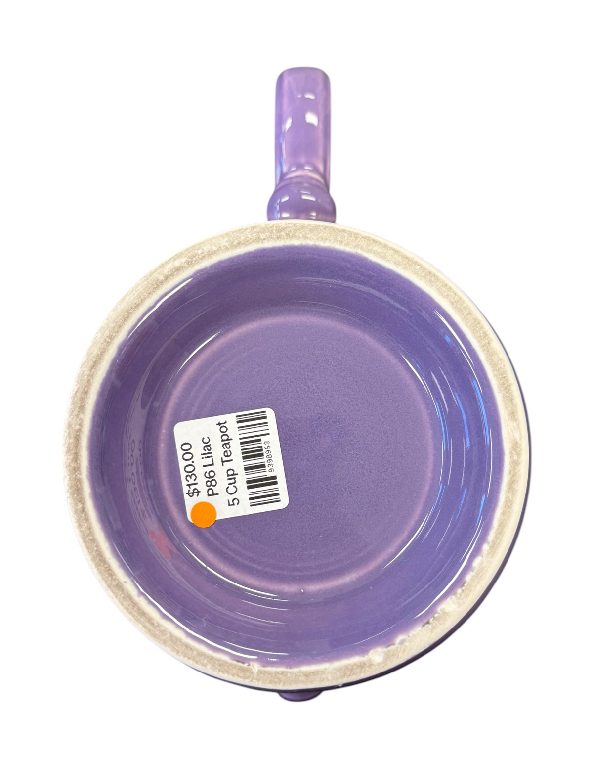 This is a Fiesta Fiestaware Five-cup 5-cup Ring Handled Tea Pot with Lid in Lilac. lead-free, Post 1986, Retired Color Retired Shape
