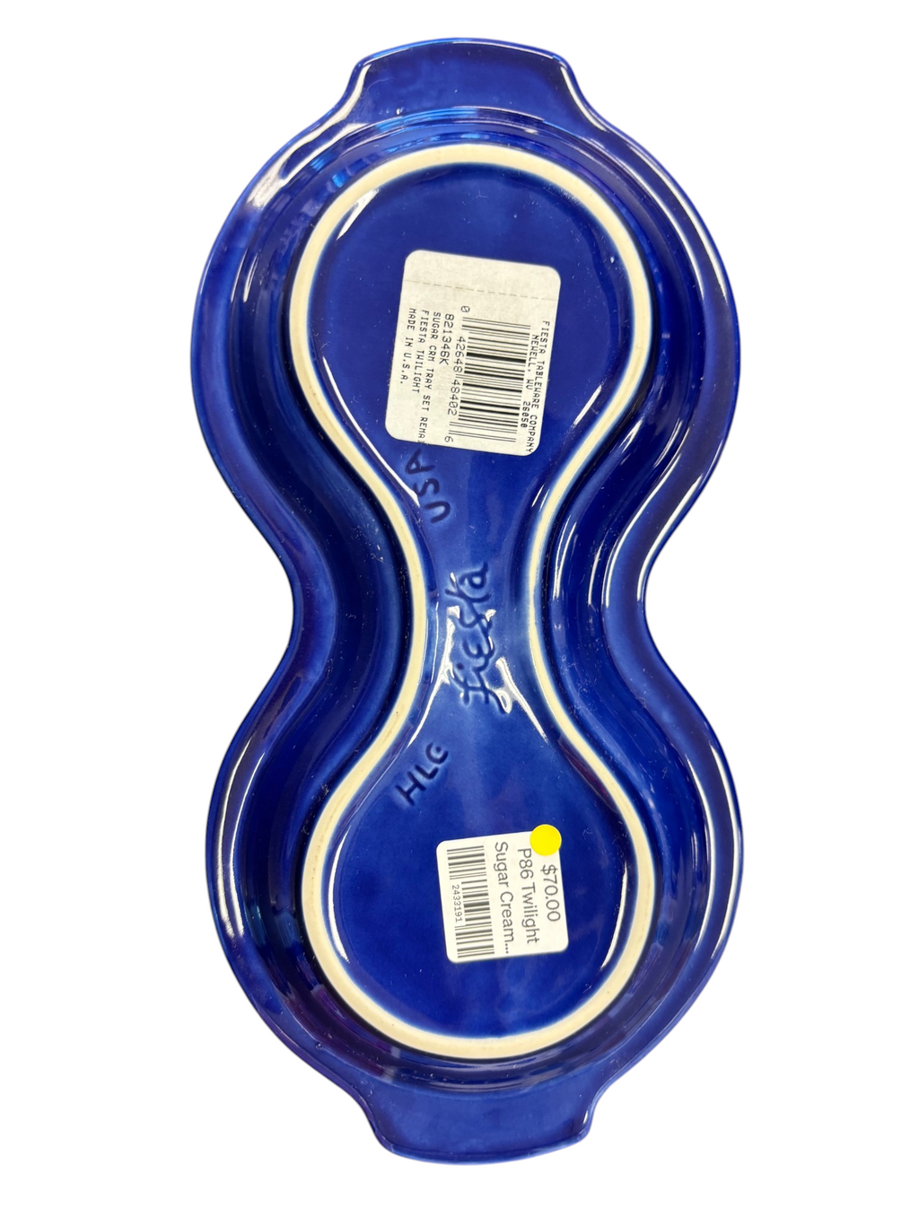 This is a Fiesta Fiestaware Creamer Pitcher Sugar Bowl with Lid on Figure Eight 8 Tray Set in twilight lead-free, Post 1986, Retired Color Retired Shape
