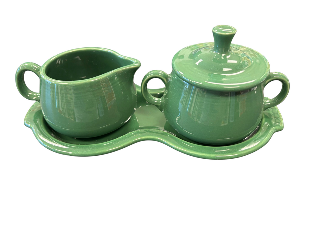 This is a Fiesta Fiestaware Creamer Pitcher Sugar Bowl with Lid on Figure Eight 8 Tray Set in jade lead-free, Post 1986, Retired Shape
