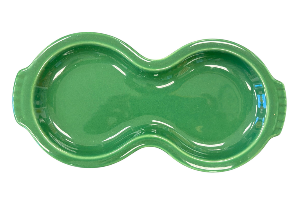 This is a Fiesta Fiestaware Creamer Pitcher Sugar Bowl with Lid on Figure Eight 8 Tray Set in jade lead-free, Post 1986, Retired Shape
