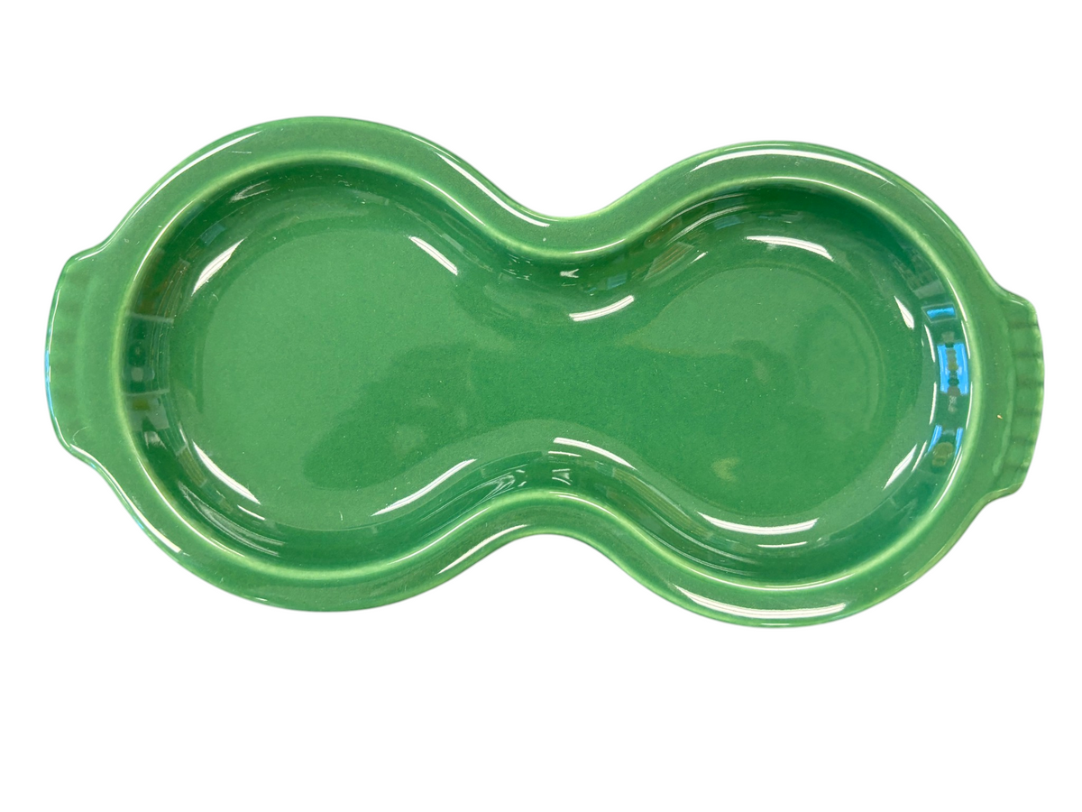 This is a Fiesta Fiestaware Creamer Pitcher Sugar Bowl with Lid on Figure Eight 8 Tray Set in jade lead-free, Post 1986, Retired Shape
